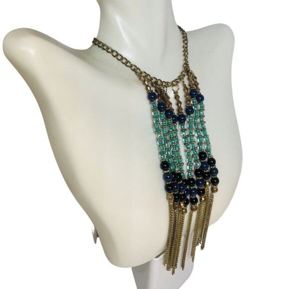 Navy And Light Blue Glass Beaded Dangle Fringe Gold Tone Vintage Necklace 23” - Picture 4 of 11